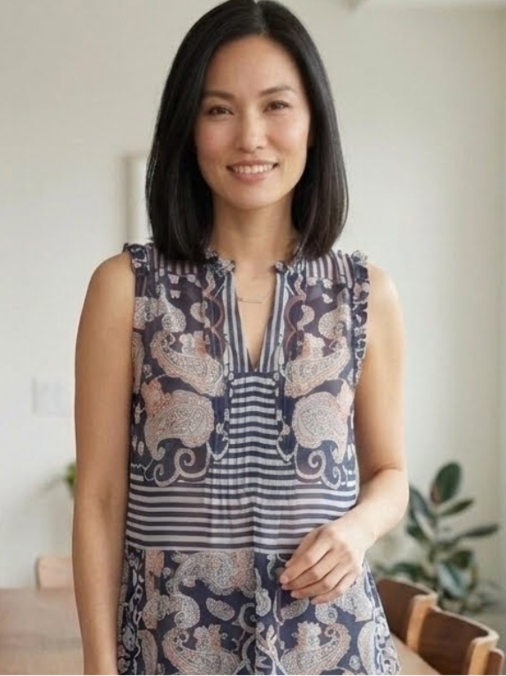 CAbi Peplum Tank Blouse Ruffle Floral Stripe Multi Mixed Print Watercolor Top S